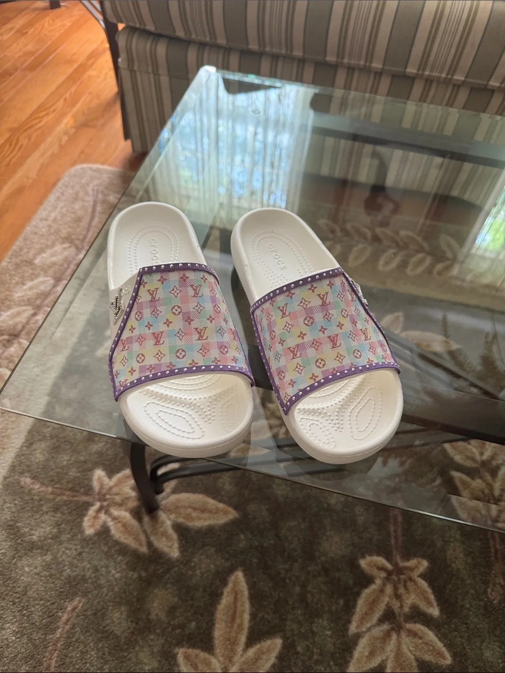 CROCS White Slides with Pastel Multicolor Monogram Strap